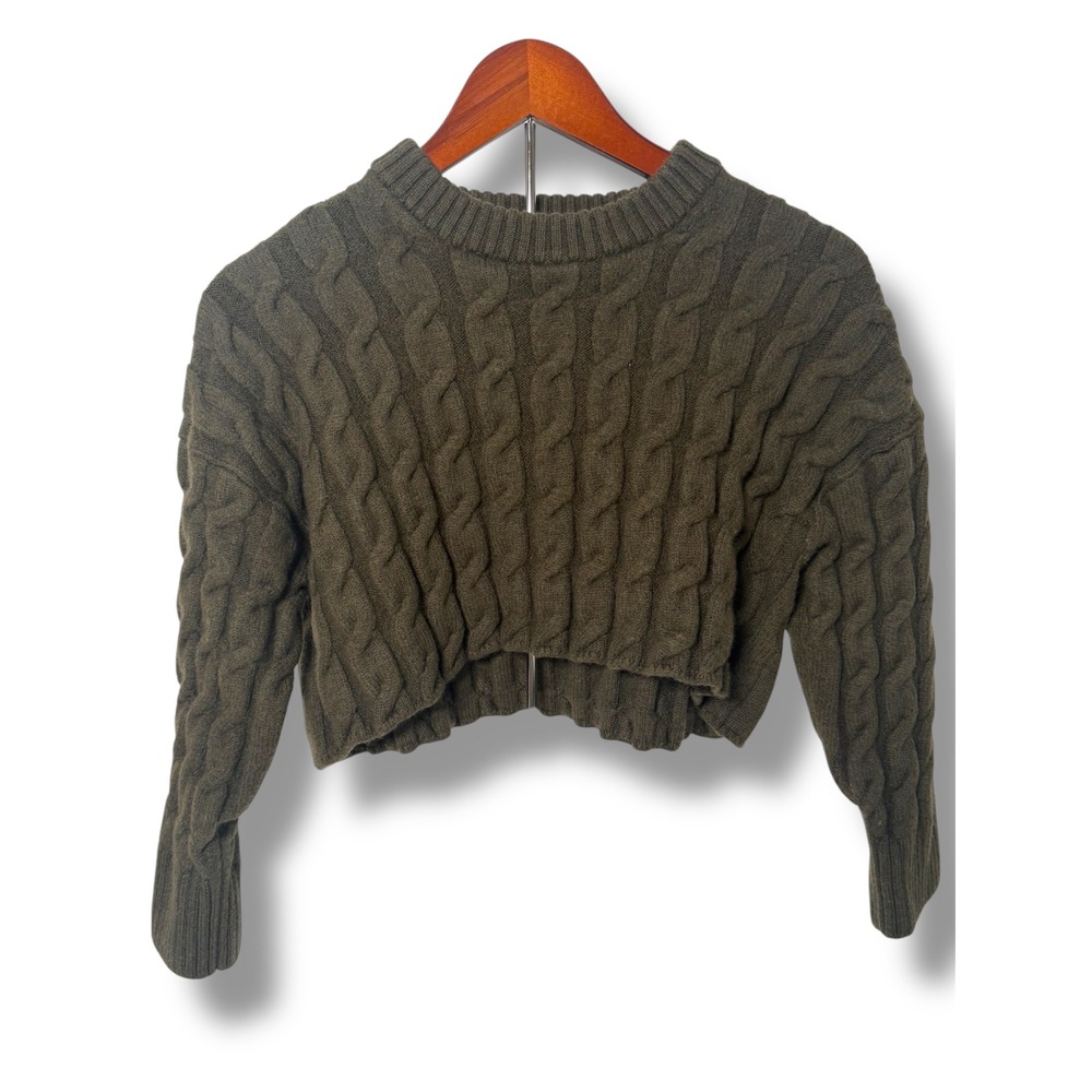 Babaton Sweater Women's Medium Cropped 100% Wool Chunky Cable Knit Olive Green